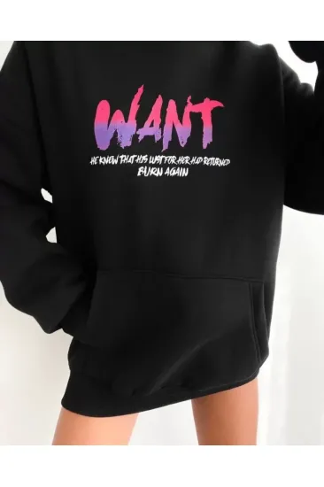Baskılı Üç İplik Kapüşonlu Oversize Sweatshirt - Siyah