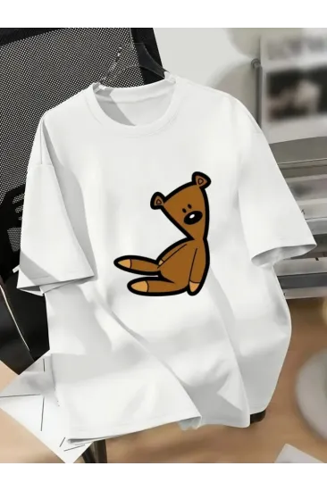 Baskılı Oversize Bisiklet Yaka T-shirt - Beyaz Baskılı Oversize Bisiklet Yaka T-shirt - Beyaz