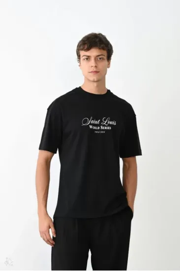 Unisex Bisiklet Yaka Baskılı Oversize T-Shirt - Siyah Unisex Bisiklet Yaka Baskılı Oversize T-Shirt - Siyah