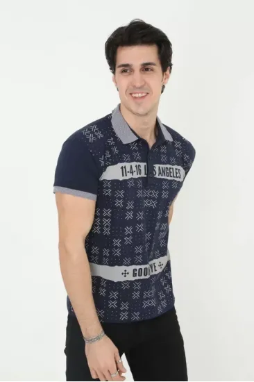 Erkek Yakalı Slim Fit Baskılı T-Shirt - Lacivert Erkek Yakalı Slim Fit Baskılı T-Shirt - Lacivert