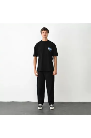 Unisex Bisiklet Yaka Baskılı Oversize T-Shirt - Siyah Unisex Bisiklet Yaka Baskılı Oversize T-Shirt - Siyah