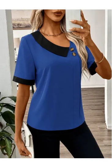 Kadın Kısa Kollu Asımetrik Yaka Detaylı Düğmeli Dubai Bluz