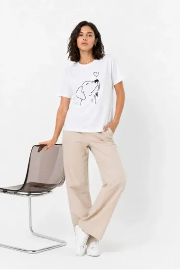 Köpek Figürlü Minimal Baskılı Tişört Kısa Kol Yazlık T-Shirt - Beyaz Köpek Figürlü Minimal Baskılı Tişört Kısa Kol Yazlık T-Shirt - Beyaz