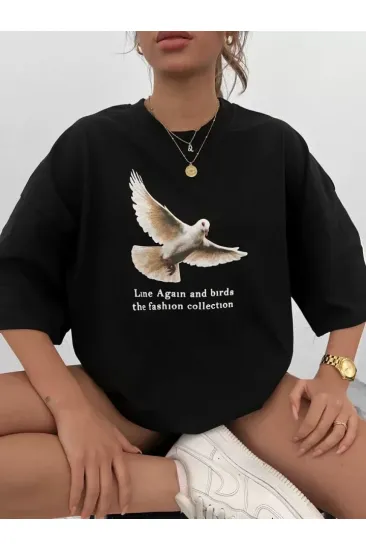 Unisex Bisiklet Yaka Baskılı Oversize T-Shirt - Siyah