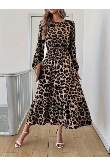 Uzun Kollu Bisiklet Yaka Leopar Desenli Midi Süprem Elbise Uzun Kollu Bisiklet Yaka Leopar Desenli Midi Süprem Elbise