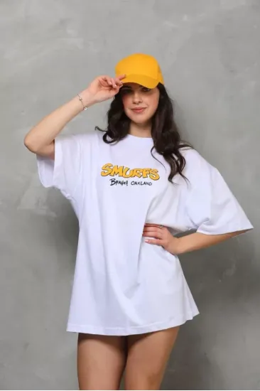 Unisex Bisiklet Yaka Baskılı Oversize T-Shirt - Beyaz Unisex Bisiklet Yaka Baskılı Oversize T-Shirt - Beyaz