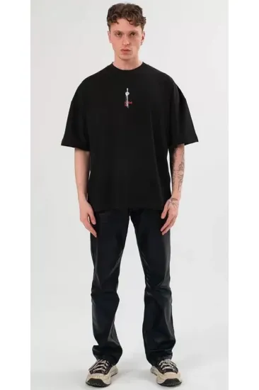 Unisex Bisiklet Yaka Baskılı Oversize T-Shirt - Siyah Unisex Bisiklet Yaka Baskılı Oversize T-Shirt - Siyah