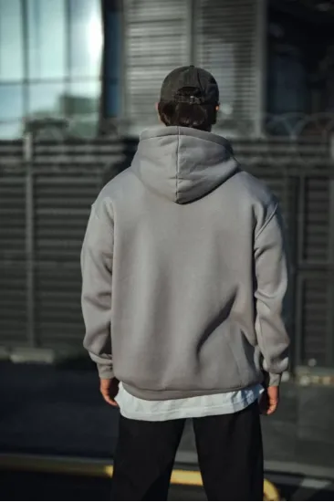 Üç İplik Penye Kapşonlu Basic SweatShirt - Boyalı Gri Üç İplik Penye Kapşonlu Basic SweatShirt - Boyalı Gri