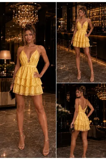 Kadın Sırt Ve Derin Göğüs Dekolteli Astarlı Dantel Kumaş Volanlı Mini Elbise Kadın Sırt Ve Derin Göğüs Dekolteli Astarlı Dantel Kumaş Volanlı Mini Elbise