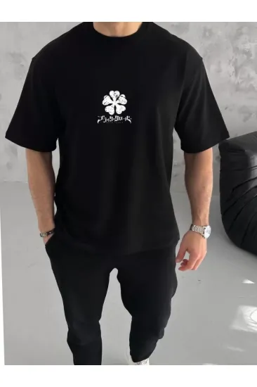 Unisex Bisiklet Yaka Baskılı Oversize T-Shirt - Siyah Unisex Bisiklet Yaka Baskılı Oversize T-Shirt - Siyah