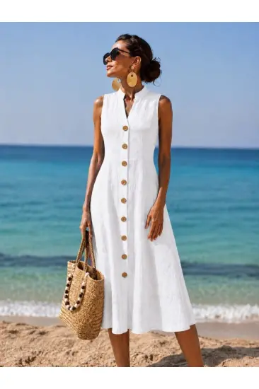 Kadın Kolsuz V Yaka Düğmeli Keten Uzun Elbise Kadın Kolsuz V Yaka Düğmeli Keten Uzun Elbise