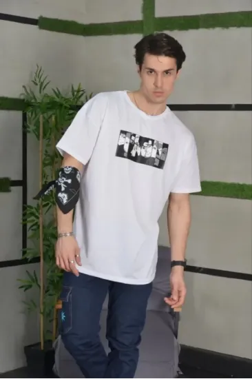 Unisex Bisiklet Yaka Baskılı Oversize T-Shirt - Beyaz