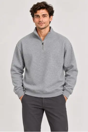 Erkek Üç İplik İçi Şardonlu Dik Yaka Yarım Fermuarlı Kışlık Sweatshirt - Grİ Erkek Üç İplik İçi Şardonlu Dik Yaka Yarım Fermuarlı Kışlık Sweatshirt - Grİ