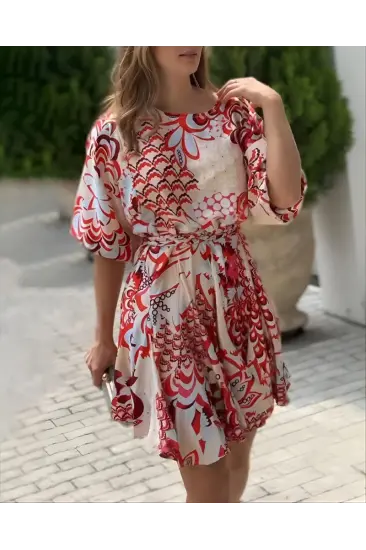 Kadın Kısa Balon Kollu Yuvarlak Yakalı Pileli Desenli Mini Elbise Kadın Kısa Balon Kollu Yuvarlak Yakalı Pileli Desenli Mini Elbise