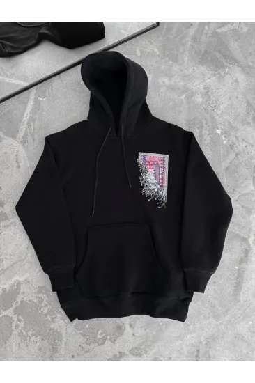 Uzun Kol Kapşonlu Ön Ve Arka Baskılı SweatShirt - Siyah Uzun Kol Kapşonlu Ön Ve Arka Baskılı SweatShirt - Siyah