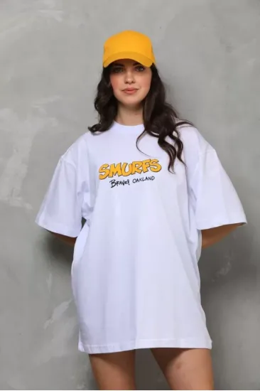Unisex Bisiklet Yaka Baskılı Oversize T-Shirt - Beyaz Unisex Bisiklet Yaka Baskılı Oversize T-Shirt - Beyaz