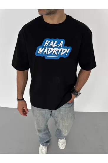Unisex Bisiklet Yaka Baskılı Oversize T-Shirt - Siyah Unisex Bisiklet Yaka Baskılı Oversize T-Shirt - Siyah