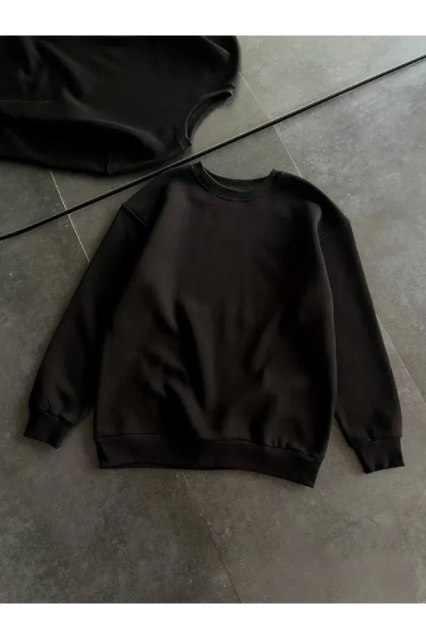 Kışlık Bisiklet Yaka Üç İplik Basic SweatShirt - Siyah Kışlık Bisiklet Yaka Üç İplik Basic SweatShirt - Siyah