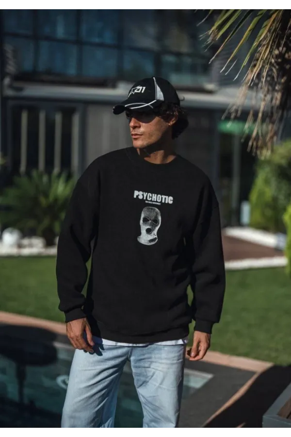 Kışlık Bisiklet Yaka Baskılı SweatShirt - Siyah Kışlık Bisiklet Yaka Baskılı SweatShirt - Siyah