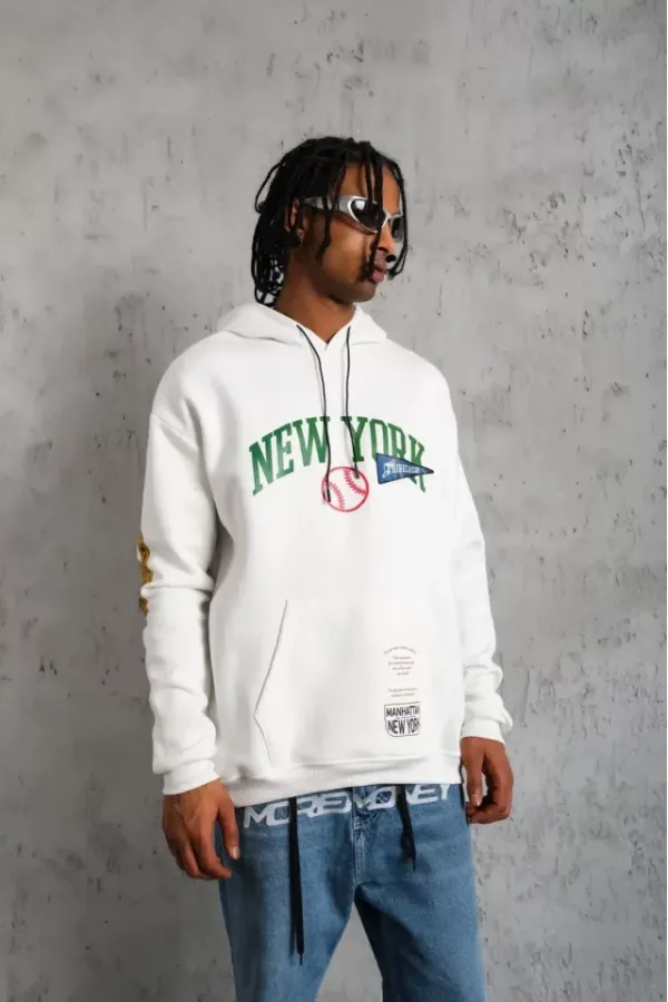 Erkek Baskılı Kapüşonlu Sweatshirt - Beyaz Erkek Baskılı Kapüşonlu Sweatshirt - Beyaz