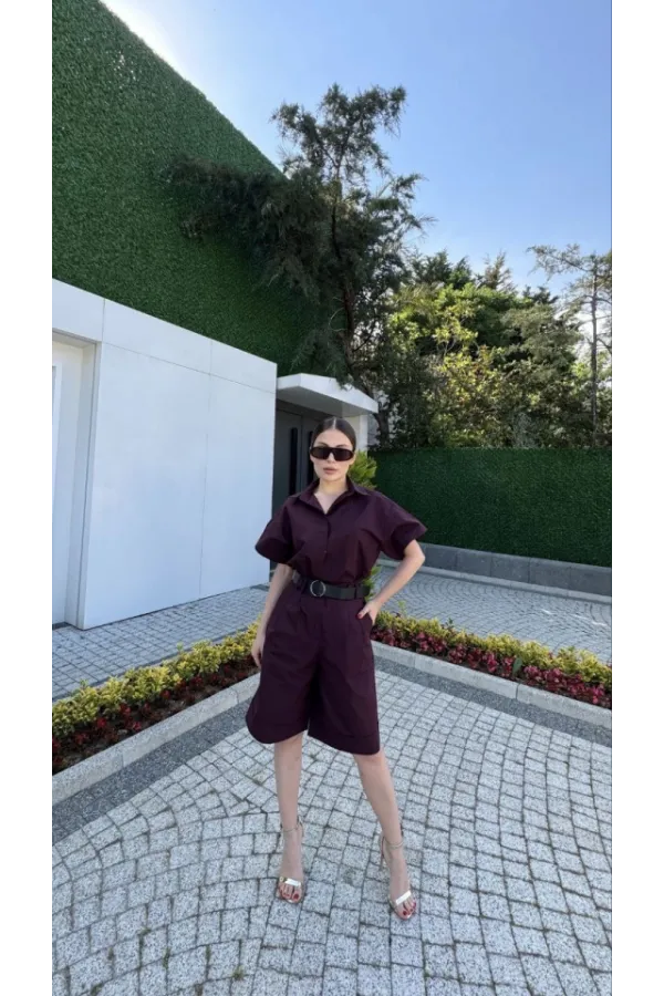 Yakalı Gömlek Kemerli Şortlu Takım - Bordo Yakalı Gömlek Kemerli Şortlu Takım - Bordo
