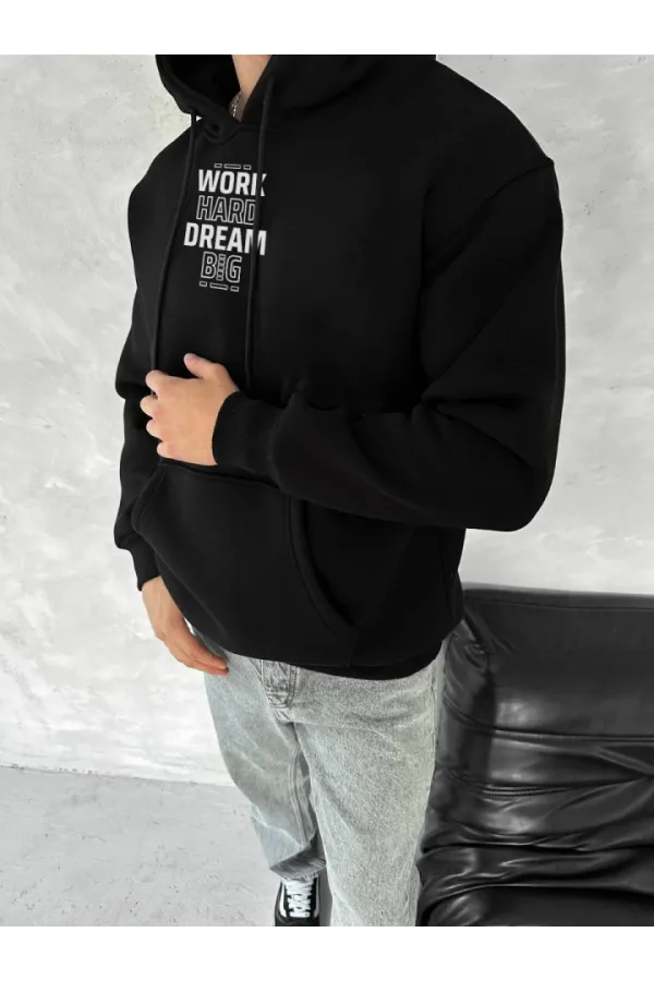 Kışlık Üç İplik Kapşonlu SweatShirt - Siyah Kışlık Üç İplik Kapşonlu SweatShirt - Siyah