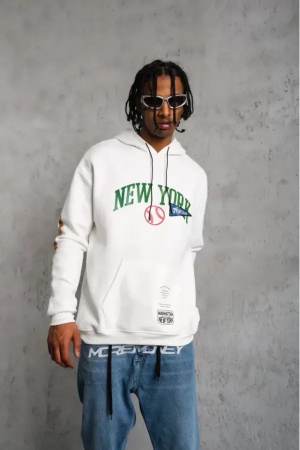 Erkek Baskılı Kapüşonlu Sweatshirt - Beyaz Erkek Baskılı Kapüşonlu Sweatshirt - Beyaz
