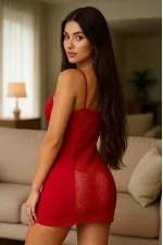 Kadın Kırmızı Dantelli Sırt Tasarımlı İnce Askılı Mini Gecelik Kadın Kırmızı Dantelli Sırt Tasarımlı İnce Askılı Mini Gecelik
