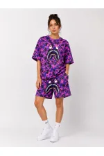 Kadın Oversize Kalıp Pubg Bape X Shark Nakışlı Cepli Şort Takım - Mor Kadın Oversize Kalıp Pubg Bape X Shark Nakışlı Cepli Şort Takım - Mor