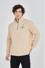 Erkek Yarım Fermuarlı Baskılı 3 iplik pamuklu sweatshirt - Bej Erkek Yarım Fermuarlı Baskılı 3 iplik pamuklu sweatshirt - Bej