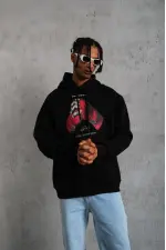 Erkek Kapüşonlu Cepli Box Eldiven Baskılı 3 İplik Sweatshirt Hoodie - Siyah