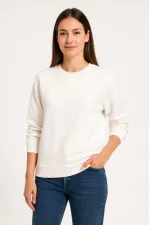 Kadın 3 İplik Pamuklu Düz Bisiklet Yaka SweatShirt - Beyaz Kadın 3 İplik Pamuklu Düz Bisiklet Yaka SweatShirt - Beyaz