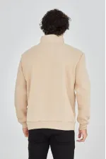 Erkek Yarım Fermuarlı Baskılı 3 iplik pamuklu sweatshirt - Bej Erkek Yarım Fermuarlı Baskılı 3 iplik pamuklu sweatshirt - Bej