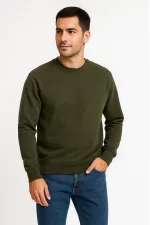 Erkek 3 İplik Pamuklu Düz Bisiklet Yaka SweatShirt - Haki Erkek 3 İplik Pamuklu Düz Bisiklet Yaka SweatShirt - Haki