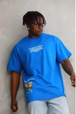 Erkek Bisiklet Yaka Baskılı Oversize T-Shirt - Mavi Erkek Bisiklet Yaka Baskılı Oversize T-Shirt - Mavi