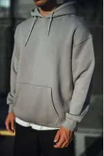 Erkek 3 İplik Penye Kapüşonlu Basic SweatShirt Hoodie - Boyalı Gri Erkek 3 İplik Penye Kapüşonlu Basic SweatShirt Hoodie - Boyalı Gri