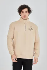 Erkek Yarım Fermuarlı Baskılı 3 iplik pamuklu sweatshirt - Bej Erkek Yarım Fermuarlı Baskılı 3 iplik pamuklu sweatshirt - Bej