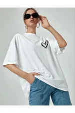 Kadın Tişört Bisiklet Yaka Baskılı Oversize T-Shirt - Beyaz