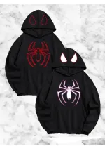 Sevgili Çift Kombini Örümcek Baskılı Kapüşonlu Sweatshirt Hoodie - Siyah Sevgili Çift Kombini Örümcek Baskılı Kapüşonlu Sweatshirt Hoodie - Siyah