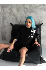 kadın Bisiklet Yaka Baskılı Oversize Kısa kol T-Shirt - Siyah kadın Bisiklet Yaka Baskılı Oversize Kısa kol T-Shirt - Siyah