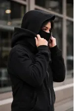 Kadın Maskeli Ninja Model Çift Kapüşonlu 3 İplik Şardonlu Fermuarlı Oversize Sweatshirt - Siyah