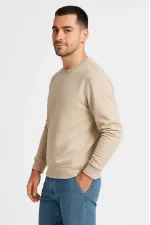 Erkek 3 İplik Pamuklu Düz Bisiklet Yaka SweatShirt - Bej Erkek 3 İplik Pamuklu Düz Bisiklet Yaka SweatShirt - Bej