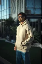 Erkek 3 İplik Pamuklu Kapüşonlu Basic SweatShirt Hoodie - Bej Erkek 3 İplik Pamuklu Kapüşonlu Basic SweatShirt Hoodie - Bej