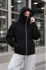 Kadın Maskeli Ninja Model Çift Kapüşonlu 3 İplik Şardonlu Fermuarlı Oversize Sweatshirt - Siyah