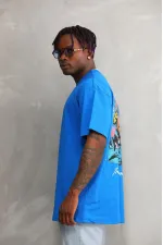 Erkek Bisiklet Yaka Baskılı Oversize T-Shirt - Mavi Erkek Bisiklet Yaka Baskılı Oversize T-Shirt - Mavi
