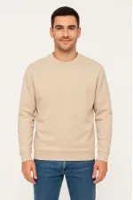 Erkek 3 İplik Pamuklu Düz Bisiklet Yaka SweatShirt - Bej Erkek 3 İplik Pamuklu Düz Bisiklet Yaka SweatShirt - Bej