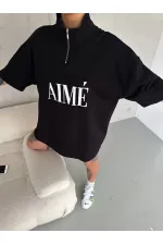 Kadın Yarım Fermuarlı Tişört Baskılı T-Shirt - Siyah Kadın Yarım Fermuarlı Tişört Baskılı T-Shirt - Siyah