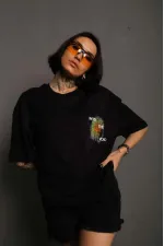 kadın Bisiklet Yaka Baskılı Oversize Kısa kol T-Shirt - Siyah kadın Bisiklet Yaka Baskılı Oversize Kısa kol T-Shirt - Siyah