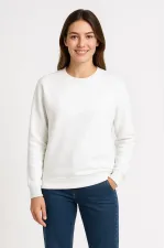 Kadın 3 İplik Pamuklu Düz Bisiklet Yaka SweatShirt - Beyaz Kadın 3 İplik Pamuklu Düz Bisiklet Yaka SweatShirt - Beyaz