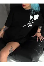 kadın Bisiklet Yaka Baskılı Oversize Kısa kol T-Shirt - Siyah kadın Bisiklet Yaka Baskılı Oversize Kısa kol T-Shirt - Siyah